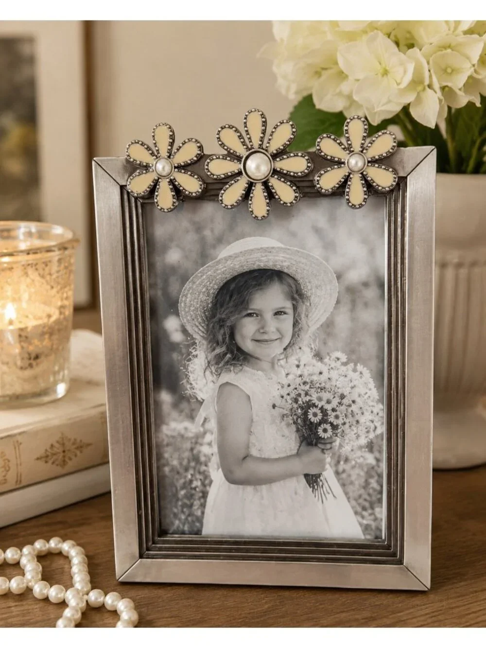 5x7 Floral Metal Picture Frame Cream Enamel Daisies Faux Pearls Tabletop